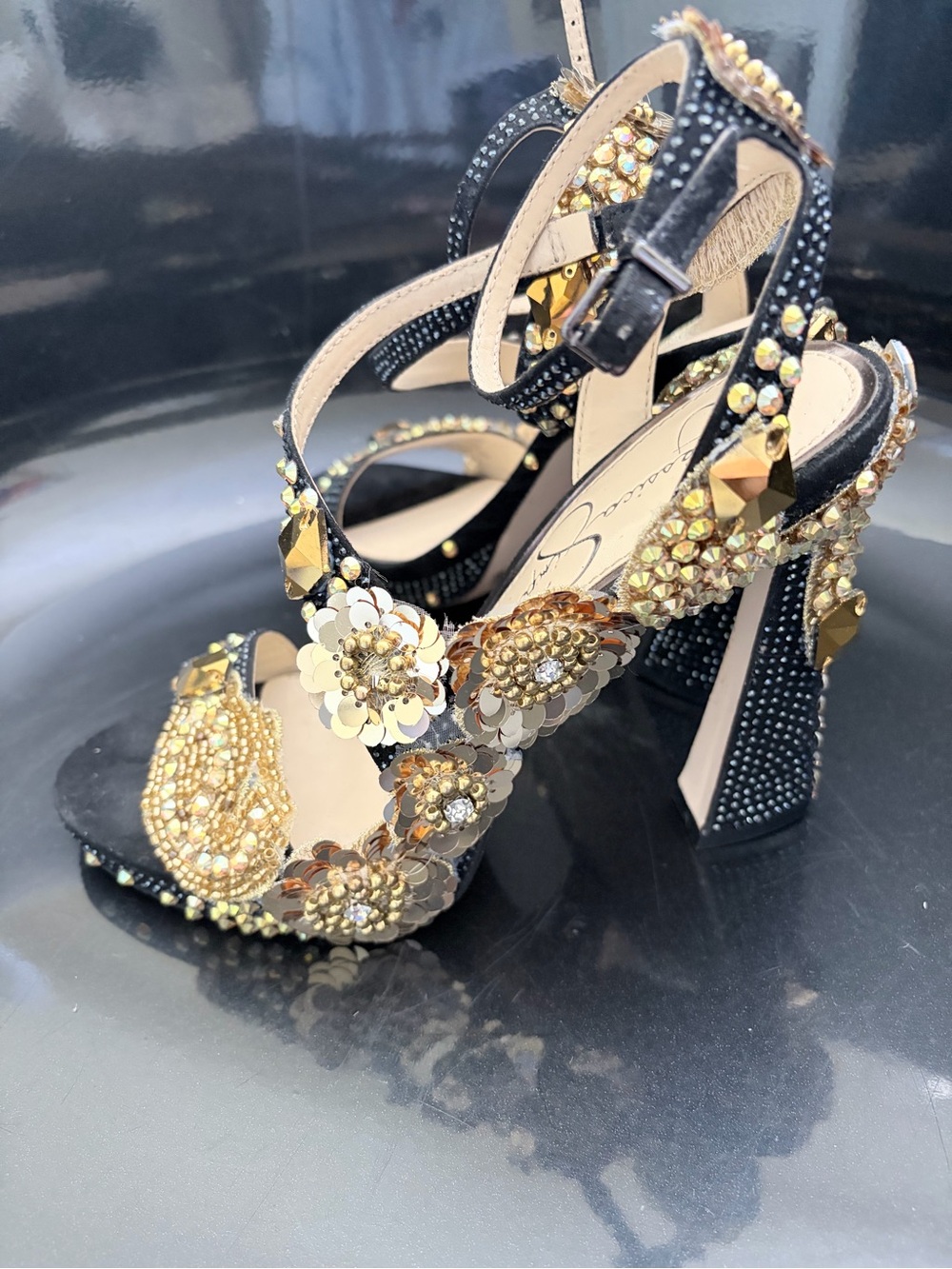 Jessica Simpson Black Heeled Sandals with Gold Floral Embellishments